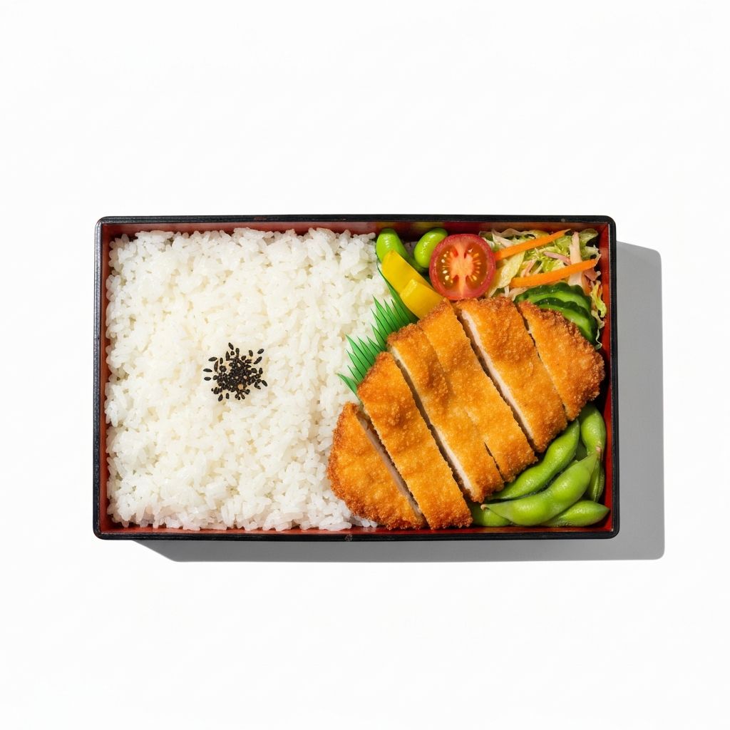 Japanese bento box with chicken katsu, steamed rice, edamame and salad