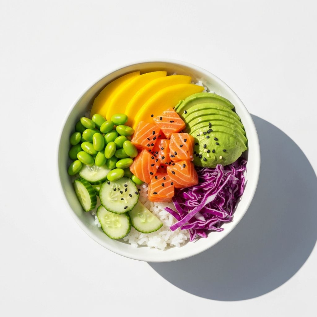 Colourful poke bowl with salmon, avocado, edamame, mango and sushi rice