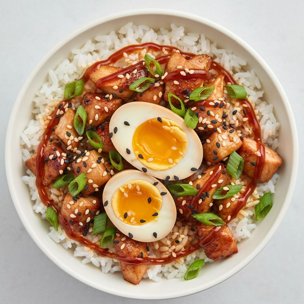 Japanese donburi rice bowl with teriyaki chicken, soft-boiled egg and sesame seeds