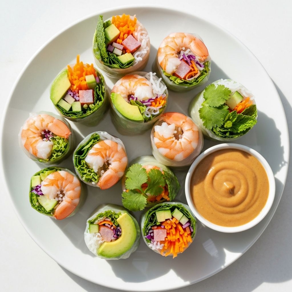 Fresh rice paper rolls with prawns, avocado and vermicelli noodles with dipping sauce