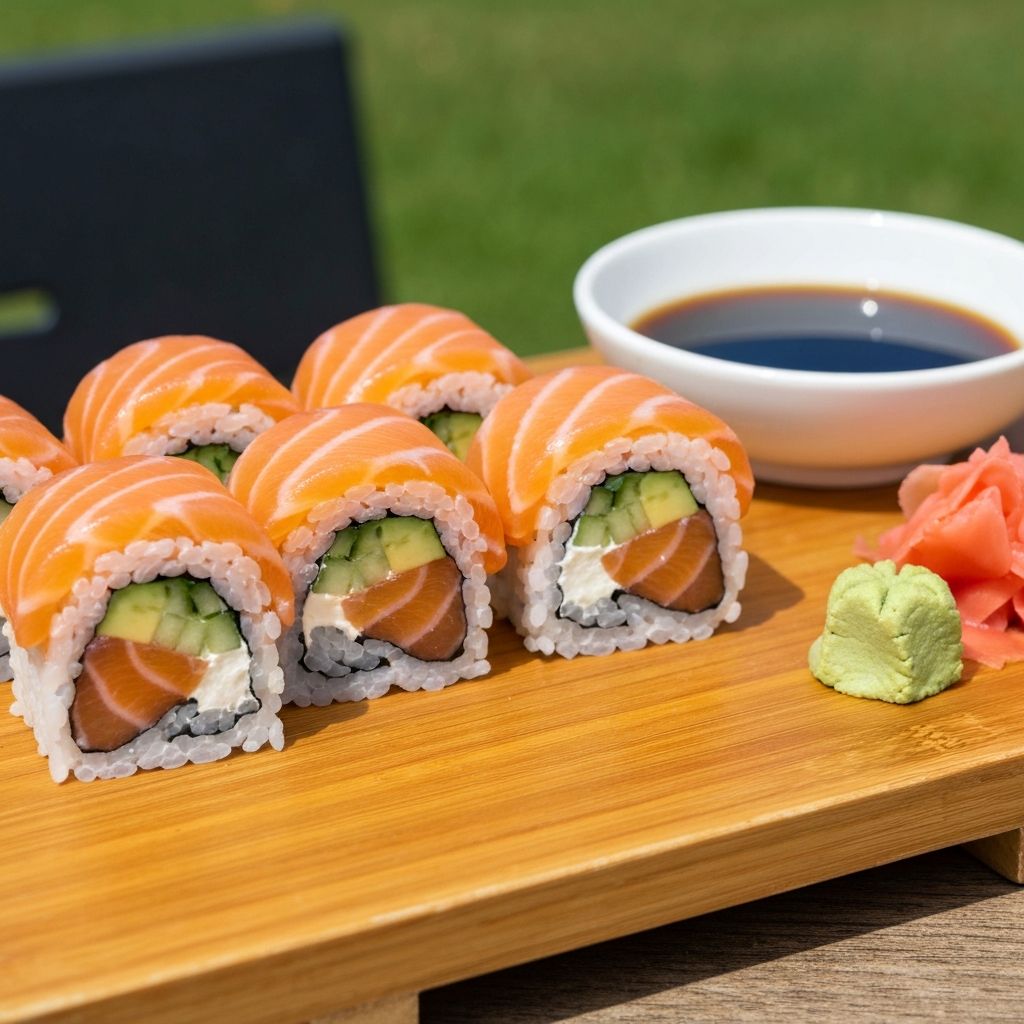 Fresh sushi rolls with salmon, avocado and cucumber served on a wooden board