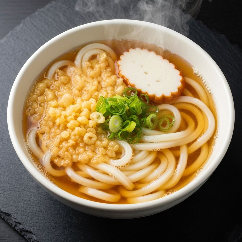 Steaming bowl of Japanese udon noodle soup with tempura and spring onions